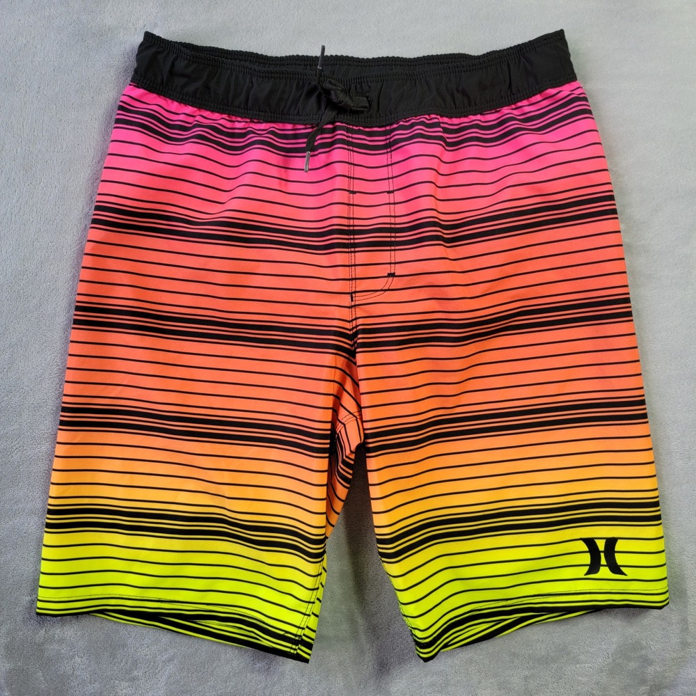 Hurley Boys Swim Trunks Size 10/12 Neon Ombre Striped Board Shorts Pink Orange